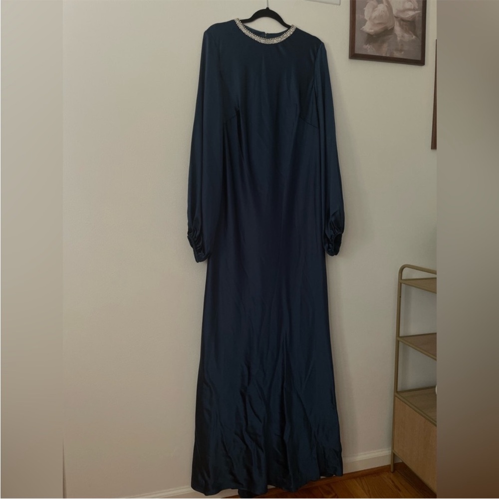 Mac Duggal Blue Beaded High Neck Bishop Sleeve Satin Gown - Picture 6 of 13